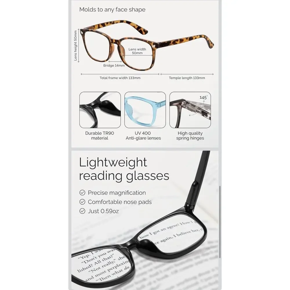 5 Pack- 5.5 Reading Glasses for Women, Eye glasses, Blue Light Readers for Women